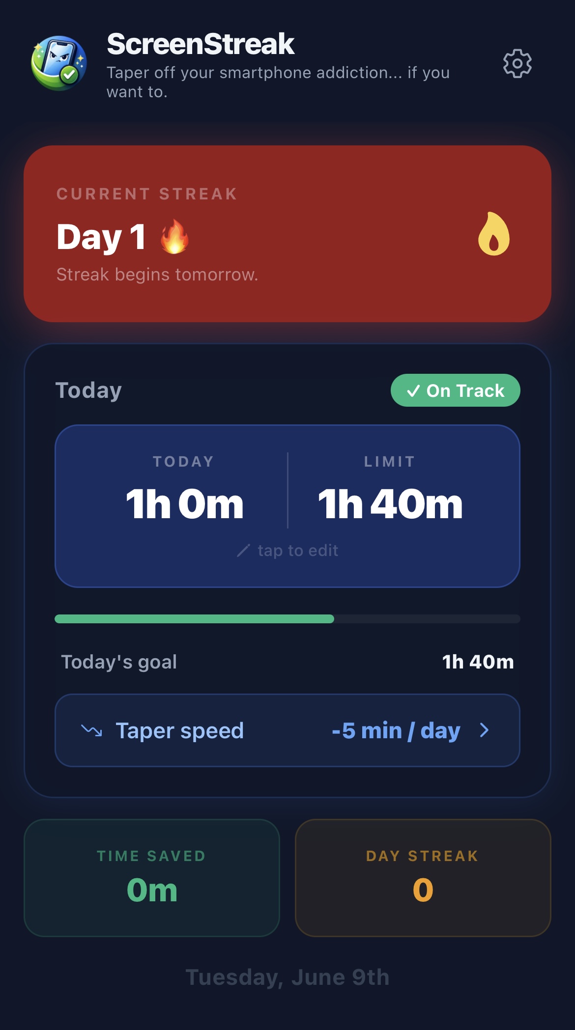 ScreenStreak dashboard showing current streak and today's screen time