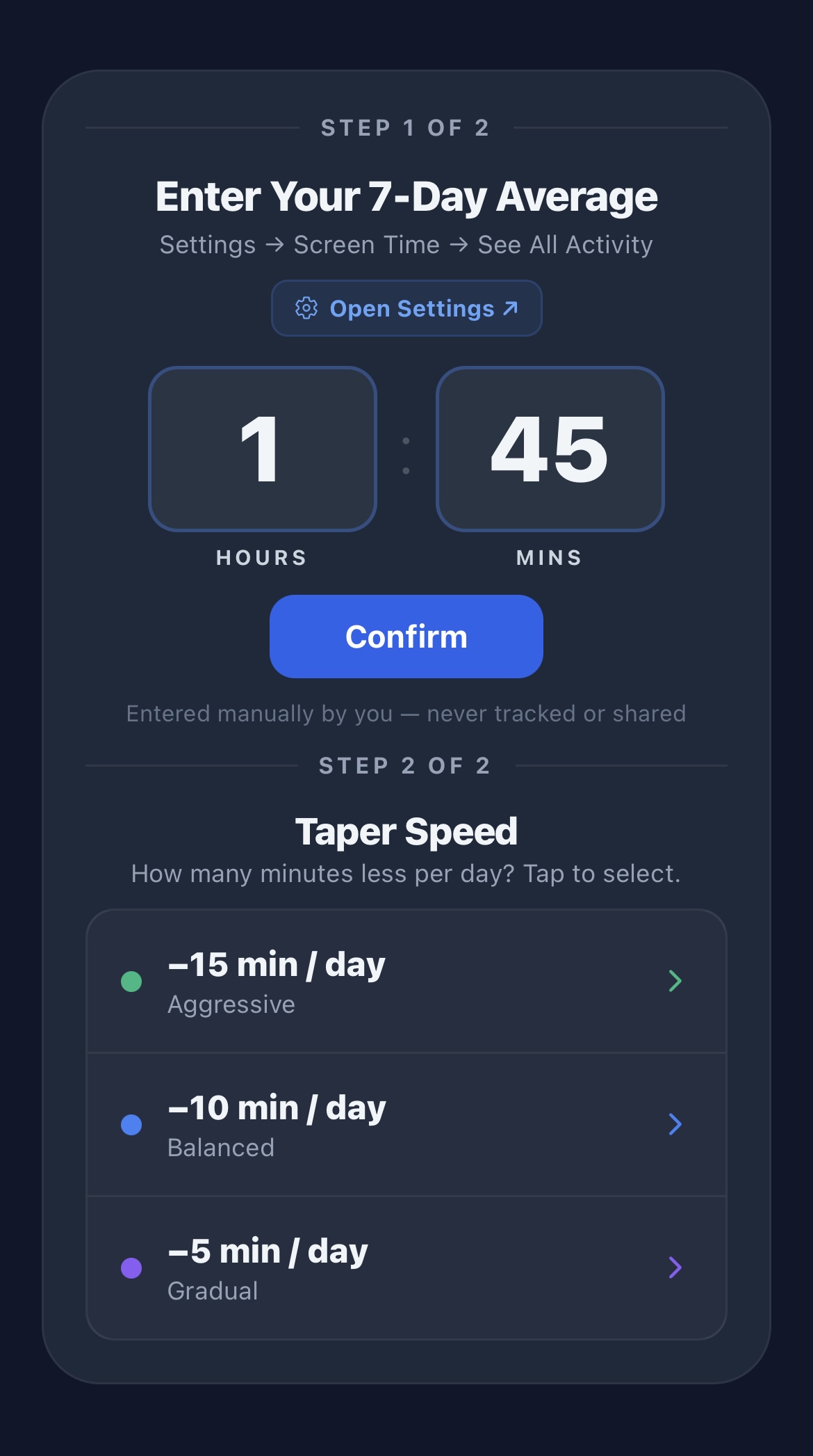 ScreenStreak setup screen for entering your 7-day average and taper speed